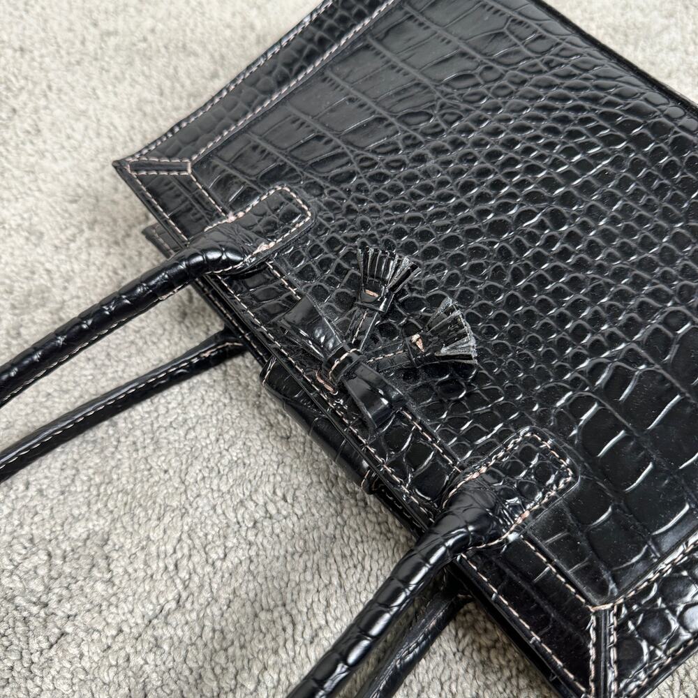 y2k 00s Vintage Liz Claiborne Purse Black Croc Mini Top Handle Bag w/ Bow Tassel - Picture 5 of 12